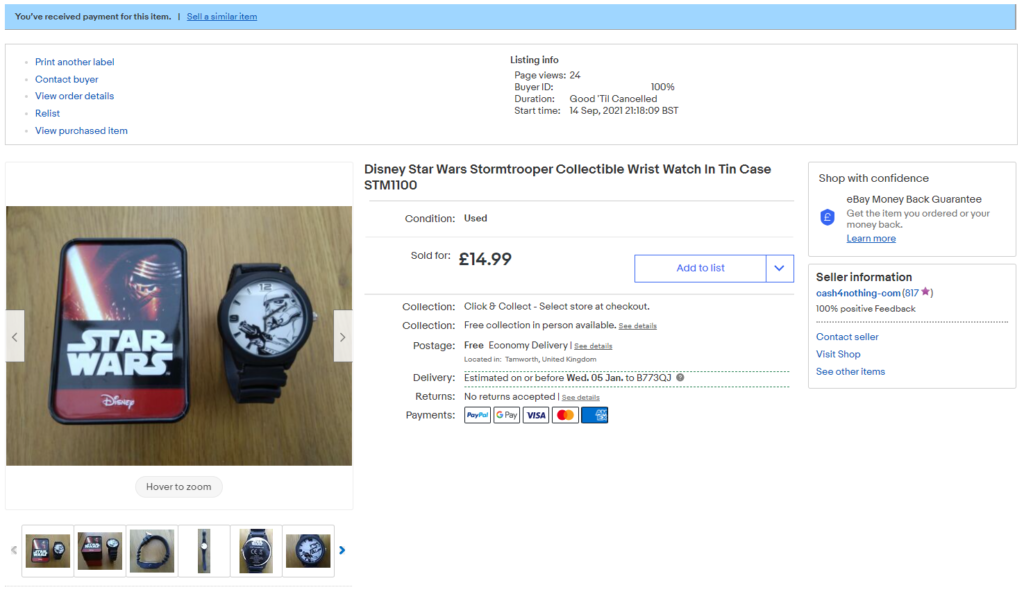 Cash4Nothing November 2021 Sales - Star Wars Watch £10